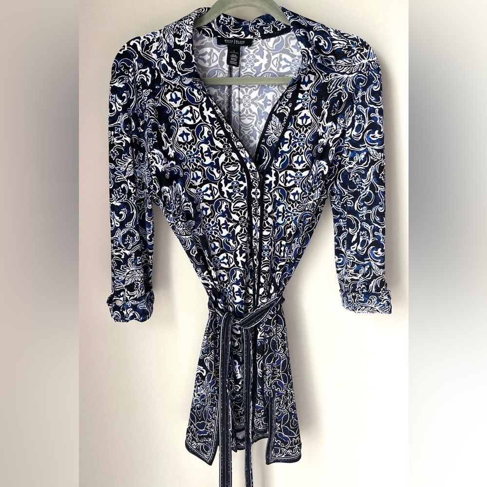 White House Black Market Paisley Tunic Top | Size S | Blue Black Long Sleeve